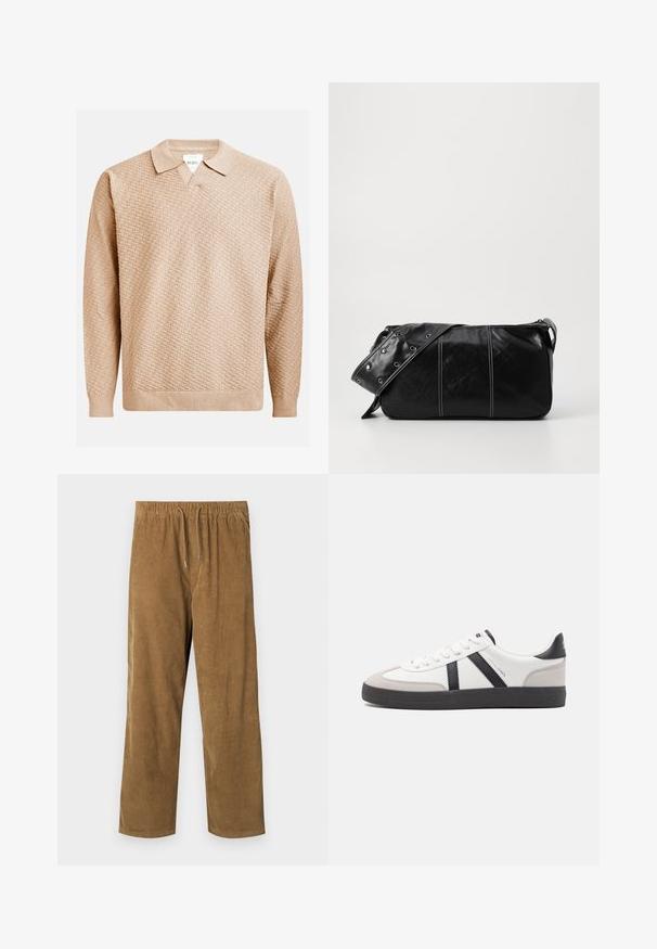 Beige neulepusero, jossa on teksturoitu kuvio, klassinen kaulus ja resorit hihansuissa. Valmistettu pehmeästä, kevyestä materiaalista.; Korsettihousut i varm brunfärg med elastiskt midjeband och snörning, avslappnad passform och vertikal ribbad textur.; Valkoiset lenkkarit mustilla ja harmailla yksityiskohdilla, joissa on teksturoitu harmaa kärki, musta kumipohja ja litteät valkoiset nauhat. Siisti muotoilu, minimalistinen tyyli.; Mustakulmainen nahkainen olkalaukku, jossa on vetoketjukiinnitys, teksturoitu pinta, valkoiset ompeleet ja hihna, jossa on hopeiset niitit.