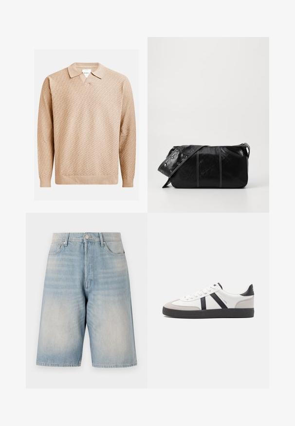 Béžový pletený sveter s textúrovaným vzorom, s klasickým golierom a rebrovanými manžetami. Vyrobený z jemného, ľahkého materiálu.; Svetlomodré džínsy šortky s voľným strihom. Majú zapínanie na gombík, pútka na opasok a dve predné vrecká. Celkový vyblednutý vzhľad.; Biele tenisky s čiernymi a šedými akcentmi, s textúrovanou šedou špičkou, čiernou gumovou podrážkou a plochými bielymi šnúrkami. Čistý dizajn, minimalistický štýl.; Čierna kožená kabelka cez plece so zipsovým uzáverom, so štruktúrovaným telom, bielym prešívaním a popruhom so striebornými očkami.