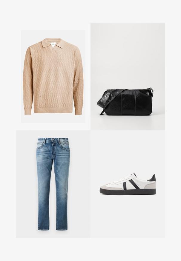 Pull en tricot beige avec un motif texturé, doté d'un col classique et de poignets côtelés. Fabriqué à partir d'un matériau doux et léger.; Jean droit bleu avec un effet délavé, bouton à l'avant et poches, présenté sur un fond blanc uni.; Baskets blanches avec des accents noirs et gris, présentant un embout texturé gris, une semelle en caoutchouc noir et des lacets plats blancs. Design épuré, style minimaliste.; Sac à épaule en cuir noir avec une fermeture éclair, doté d'un corps texturé, de coutures blanches et d'une sangle avec des œillets en argent.
