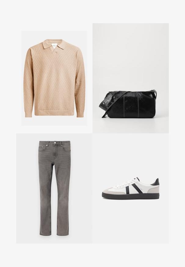 Beige kötött pulóver texturált mintával, klasszikus gallérral és bordázott mandzsettával. Puha, könnyű anyagból készült.; Szürke farmernadrág egyenes szárú szabással, öt zsebből áll, gombos záródással, és finom kopással a szöveten.; Fehér sneaker fekete és szürke részletekkel, textúrált szürke orr résszel, fekete gumitalppal és lapos fehér fűzőkkel. Tiszta dizájn, minimalista stílus.; Fekete bőr válltáska, cipzárral zárva, texturált felülettel, fehér varrással és ezüst fémgyűrűs pánttal.