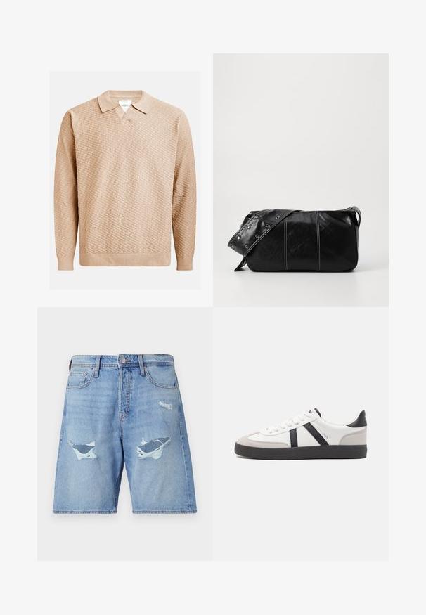 Bēša adīta džemperis ar teksturētu rakstu, kuram ir klasiskā apkakle un ribotās piedurknes. Izgatavots no mīksta, viegla materiāla.; Gai zila džinsa šorti ar brīvu piegriezumu, ar divām lielākām nolietotām vietām un nedaudz izlīdzinātu audumu.; Baltas sneakeris ar melniem un pelēkiem akcentiem, kuram ir teksturēts pelēks purngals, melna gumijas zole un plakanas baltas šņores. Tīrs dizains, minimālisma stils.; Melnas ādas plecu soma ar rāvējslēdzēja aizdari, ar teksturētu virsmu, baltu dūrienu un siksnu ar sudraba iekavām.