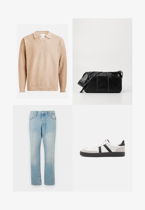 Bežna pletena pulover z teksturiranim vzorcem, ki ima klasičen ovratnik in rebraste manšete. Narejen iz mehke, lahke tkanine.; Svetlo modri traper hlače s ravnim krojem, ki vključujejo pet žepov in zaponko na pasu. Gladka tekstura.; Bela športna obutev z črnimi in sivo akcenti, z teksturirano sivo kapico za prste, črnim gumijastim podplatom in ravnimi belimi vezalkami. Čista zasnova, minimalistični slog.; Črna usnjena torba za ramo z zadrgo, ki ima teksturirano telo, belo šivanje in trak s srebrnimi luknjami.