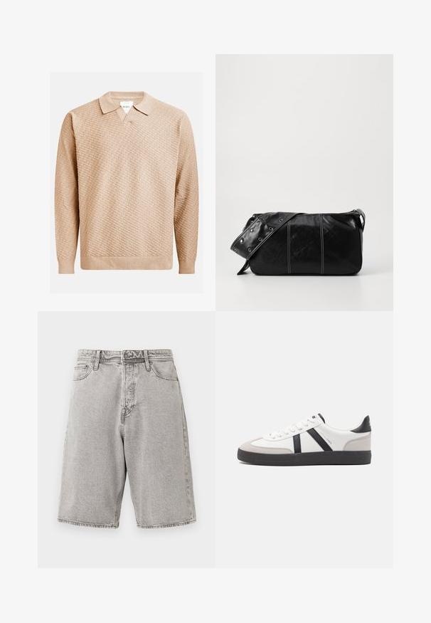 Bežikani pulover s teksturiranim uzorkom, s klasičnim ovratnikom i rebrastim manžetama. Izrađen od mekanog, laganog materijala.; Sive traperice kratke hlače s opuštenim krojem, visokim strukom, pet džepova i vidljivim šavovima, koje nude teksturirani završetak.; Bijele tenisice s crnim i sivim detaljima, s teksturiranim sivim zaštitnikom prstiju, crnim gumene potplate i ravnim bijelim vezicama. Čist dizajn, minimalistički stil.; Crna kožna torba preko ramena s zatvaranjem na patentni zatvarač, s teksturiranim tijelom, bijelim šavovima i remenom sa srebrnim okovima.