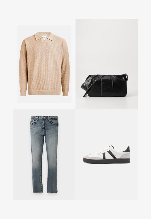 Beżowy sweter dzianinowy o teksturowanym wzorze, z klasycznym kołnierzykiem i ściągaczami na rękawach. Wykonany z miękkiego, lekkiego materiału.; Niebieskie dżinsy w prostym kroju, z klasycznym pięcioma kieszeniami i delikatnym wyblakłym wykończeniem, nadającym im wygląd lekko zużytych.; Białe sneakersy z czarnymi i szarymi akcentami, z teksturowanym szarym czubkiem, czarną gumową podeszwą i płaskimi białymi sznurowadłami. Czysty design, minimalistyczny styl.; Czarna skórzana torba na ramię z zamkiem błyskawicznym, charakteryzująca się teksturowanym korpusem, białymi przeszyciami oraz paskiem z srebrnymi osłonkami.
