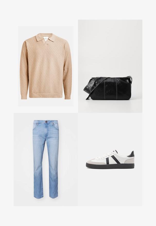 Bežikani pulover s teksturiranim uzorkom, s klasičnim ovratnikom i rebrastim manžetama. Izrađen od mekanog, laganog materijala.; Svijetloplavi traperice s ravnim nogavicama, s prednjim džepovima, zatvaranjem na gumb i suptilnim izbljeđivanjem na cijeloj površini.; Bijele tenisice s crnim i sivim detaljima, s teksturiranim sivim zaštitnikom prstiju, crnim gumene potplate i ravnim bijelim vezicama. Čist dizajn, minimalistički stil.; Crna kožna torba preko ramena s zatvaranjem na patentni zatvarač, s teksturiranim tijelom, bijelim šavovima i remenom sa srebrnim okovima.