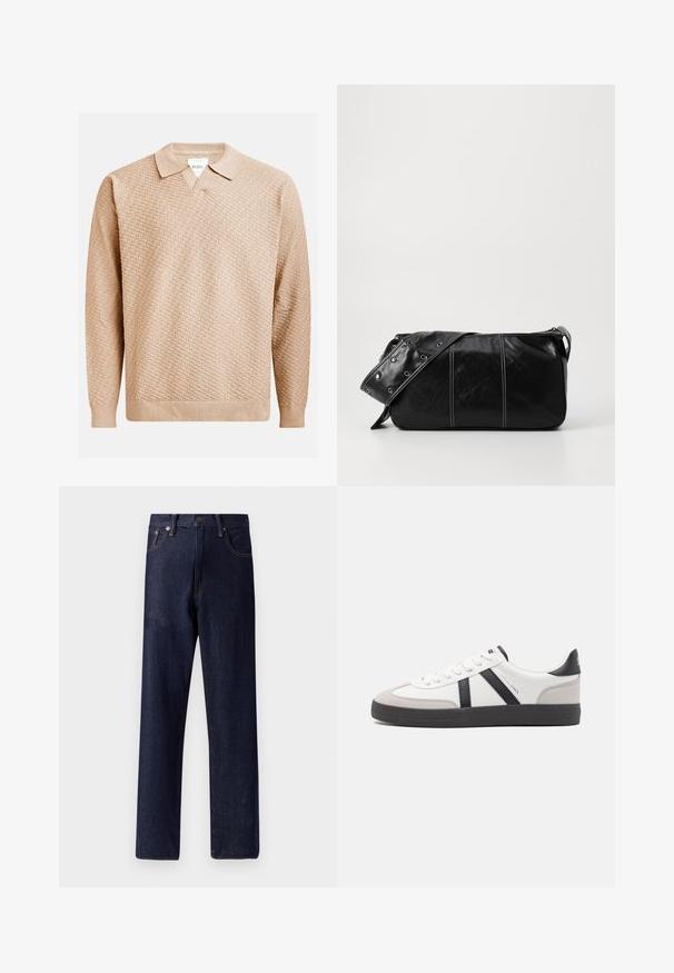 Beige knitted sweater with a textured pattern, featuring a classic collar and ribbed cuffs. Made from soft, lightweight material.; Dark blue denim jeans with a straight-leg cut, five pockets, and subtle stitching details. Mid-rise waist with metal button and zipper closure.; White sneaker with black and gray accents, featuring a textured gray toe cap, black rubber sole, and flat white laces. Clean design, minimalist style.; Black leather shoulder bag with a zip closure, featuring a textured body, white stitching, and a strap with silver grommets.