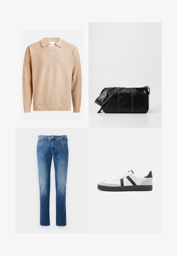 Beesvärviline kudumisjakker, millel on tekstuuriline muster, klassikaline krae ja ribadest mansetid. Valmistatud pehmest ja kergest materjalist.; Meeste sinised teksad faded viimistlusega, sirge sääre disain, viie taskuga ja eest nööpide sulgemisega. Taskutel on õmblusega aktsendid.; Valged tossud mustade ja hallide aktsentidega, tekstureeritud halli varbakattega, musta kummitald ja lamedad valged paelad. Puhtad jooned, minimalistlik stiil.; Must mustra nahkainine õlakott, millel on tõmblukk, tekstureeritud pind, valged õmblused ja rihm hõbedaste rõngastega.