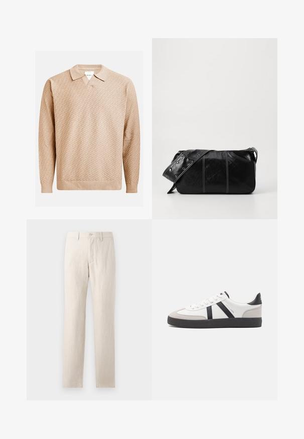 Pull en tricot beige avec un motif texturé, doté d'un col classique et de poignets côtelés. Fabriqué à partir d'un matériau doux et léger.; Pantalons en lin beige avec un design à jambe droite, dotés d'une fermeture à bouton, de poches avant et arrière, et d'une texture lisse.; Baskets blanches avec des accents noirs et gris, présentant un embout texturé gris, une semelle en caoutchouc noir et des lacets plats blancs. Design épuré, style minimaliste.; Sac à épaule en cuir noir avec une fermeture éclair, doté d'un corps texturé, de coutures blanches et d'une sangle avec des œillets en argent.