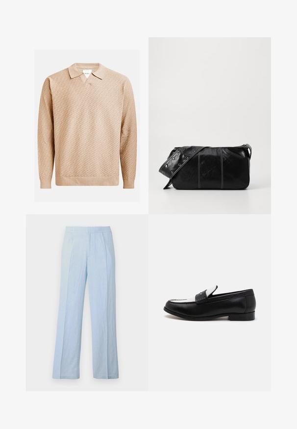 Béžový pletený svetr s texturovaným vzorem, který má klasický límec a žebrované manžety. Vyrobeno z měkkého, lehkého materiálu.; Světle modré, široké kalhoty z měkké tkaniny s ribbovanou strukturou a elastickým pasem, s předními sklady a uvolněným střihem.; Černé kožené mokasíny s kontrastní bílou koženou kůží a prošíváním. Mají hladký povrch a nízkou patu.; Černá kožená kabelka přes rameno se zapínáním na zip, s texturovaným tělem, bílým prošíváním a popruhem se stříbrnými očky.