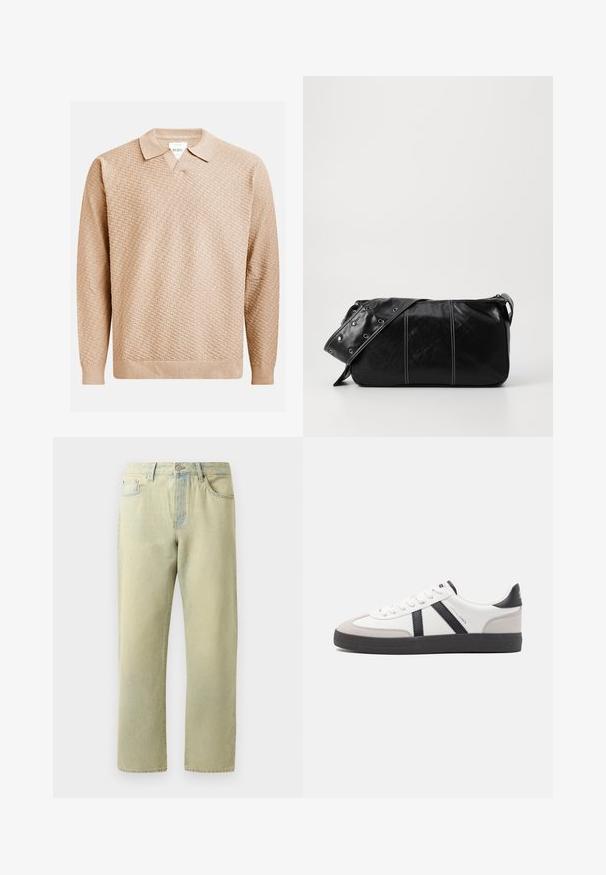 Bežikani pulover s teksturiranim uzorkom, s klasičnim ovratnikom i rebrastim manžetama. Izrađen od mekanog, laganog materijala.; Svijetlo žute traperice s ravnim nogavicama, pet džepova i suptilnim izbljeđivanjem. Imaju metalnu kopču na dugme i petlje za pojas.; Bijele tenisice s crnim i sivim detaljima, s teksturiranim sivim zaštitnikom prstiju, crnim gumene potplate i ravnim bijelim vezicama. Čist dizajn, minimalistički stil.; Crna kožna torba preko ramena s zatvaranjem na patentni zatvarač, s teksturiranim tijelom, bijelim šavovima i remenom sa srebrnim okovima.