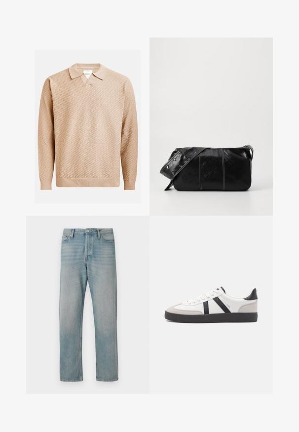 Šviesiai rudos megztos megztinio su tekstūruotu raštu, klasikine apykakle ir raukšlėtomis rankogaliais. Pagamintas iš minkštos, lengvos medžiagos.; Šviesiai mėlynos džinsinės kelnės su tiesiomis kojomis, su klasikinėmis penkiomis kišenėmis, mygtukų uždarymu ir lengvu nudilimu, suteikiančiu tekstūrą.; Balti sportbačiai su juodais ir pilkais akcentais, pasižymintys tekstūruotu pilku pirštų dangteliu, juoda gumine padais ir plokščiomis baltomis raišteliais. Švarus dizainas, minimalistinis stilius.; Juodas odinis pečių krepšys su užtrauktuku, turintis tekstūruotą paviršių, baltą siuvinėjimą ir dirželį su sidabinėmis metalinėmis detalėmis.