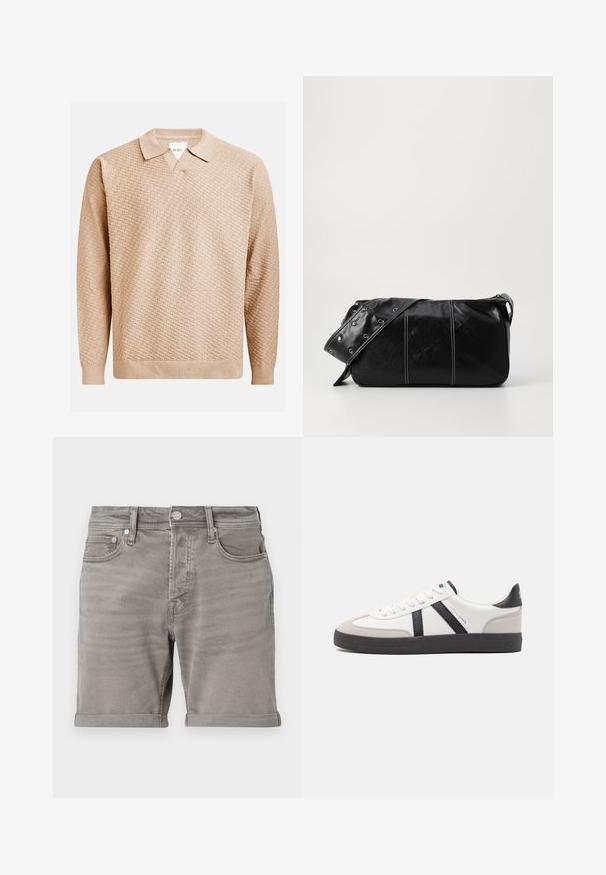 Bēša adīta džemperis ar teksturētu rakstu, kuram ir klasiskā apkakle un ribotās piedurknes. Izgatavots no mīksta, viegla materiāla.; Pelēki denima šorti ar klasisku piecu kabatu dizainu, sarullētu apmalīti un metāla pogas aizdari. Gluda tekstūra ar maigiem izbalējumiem.; Baltas sneakeris ar melniem un pelēkiem akcentiem, kuram ir teksturēts pelēks purngals, melna gumijas zole un plakanas baltas šņores. Tīrs dizains, minimālisma stils.; Melnas ādas plecu soma ar rāvējslēdzēja aizdari, ar teksturētu virsmu, baltu dūrienu un siksnu ar sudraba iekavām.