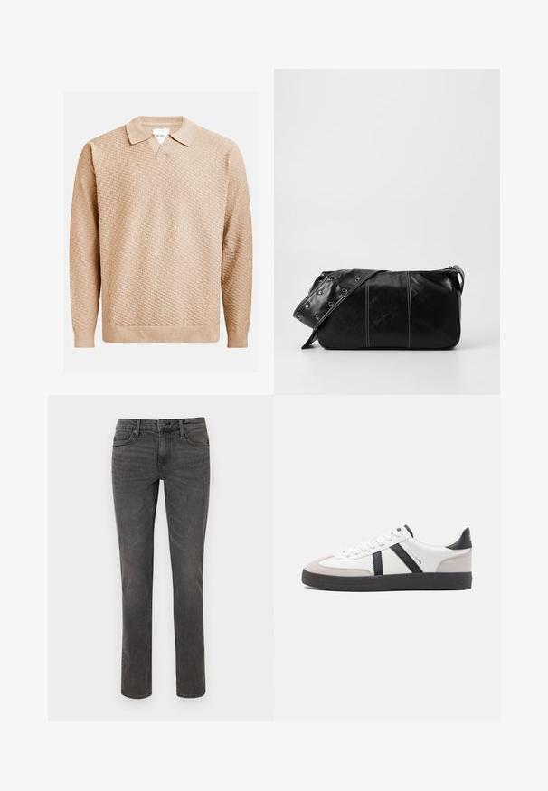 Pulover tricotat bej cu un model texturat, având un guler clasic și manșete elasticizate. Fabricat dintr-un material moale și ușor.; Jeans din denim gri cu croi drept, detalii cusute, cinci buzunare și închidere cu un buton metalic la talie.; Sneaker alb cu accente negre și gri, având un capac de vârf gri texturat, talpă din cauciuc negru și șireturi plate albe. Design elegant, stil minimalist.; Geantă de umăr din piele neagră cu închidere cu fermoar, având un corp texturat, cusături albe și o curea cu ochiuri argintii.
