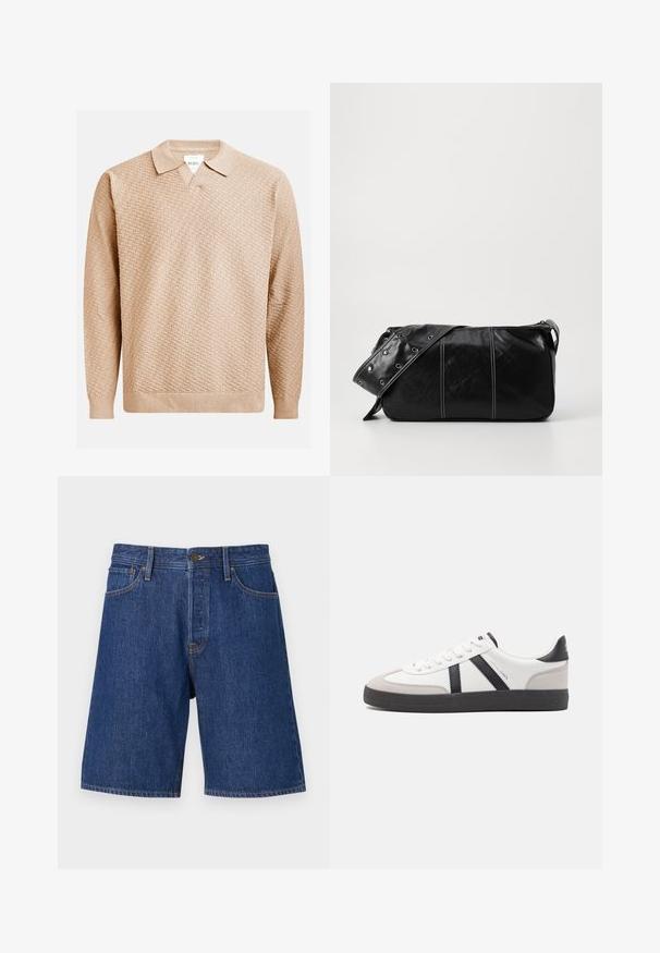 Béžový pletený sveter s textúrovaným vzorom, s klasickým golierom a rebrovanými manžetami. Vyrobený z jemného, ľahkého materiálu.; Jack & Jones JJIALEX JJORIGINAL - Denimové šortky - blue denim; Biele tenisky s čiernymi a šedými akcentmi, s textúrovanou šedou špičkou, čiernou gumovou podrážkou a plochými bielymi šnúrkami. Čistý dizajn, minimalistický štýl.; Čierna kožená kabelka cez plece so zipsovým uzáverom, so štruktúrovaným telom, bielym prešívaním a popruhom so striebornými očkami.