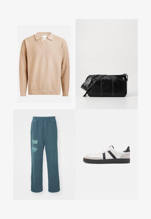 Beige kötött pulóver texturált mintával, klasszikus gallérral és bordázott mandzsettával. Puha, könnyű anyagból készült.; Türkiz pamut melegítőnadrág, elasztikus derékkal. Az egyik lábon "Star Wars" grafika és a Millennium Falconra hasonlító dizájn található.; Fehér sneaker fekete és szürke részletekkel, textúrált szürke orr résszel, fekete gumitalppal és lapos fehér fűzőkkel. Tiszta dizájn, minimalista stílus.; Fekete bőr válltáska, cipzárral zárva, texturált felülettel, fehér varrással és ezüst fémgyűrűs pánttal.