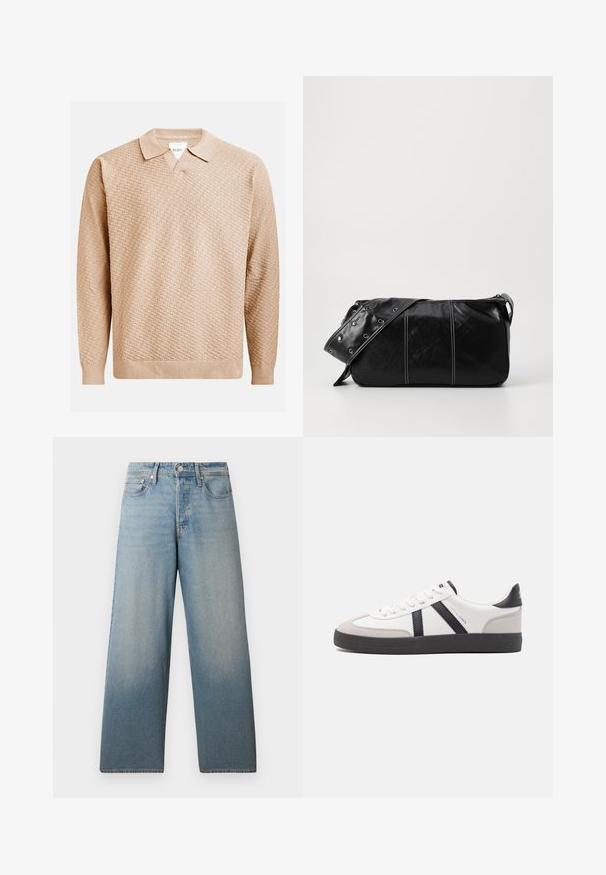 Pulover tricotat bej cu un model texturat, având un guler clasic și manșete elasticizate. Fabricat dintr-un material moale și ușor.; Jeans largi de culoare albastru deschis, confecționați din denim. Au un talie înaltă, un design clasic cu cinci buzunare și o ușoară decolorare pentru un efect uzat.; Sneaker alb cu accente negre și gri, având un capac de vârf gri texturat, talpă din cauciuc negru și șireturi plate albe. Design elegant, stil minimalist.; Geantă de umăr din piele neagră cu închidere cu fermoar, având un corp texturat, cusături albe și o curea cu ochiuri argintii.