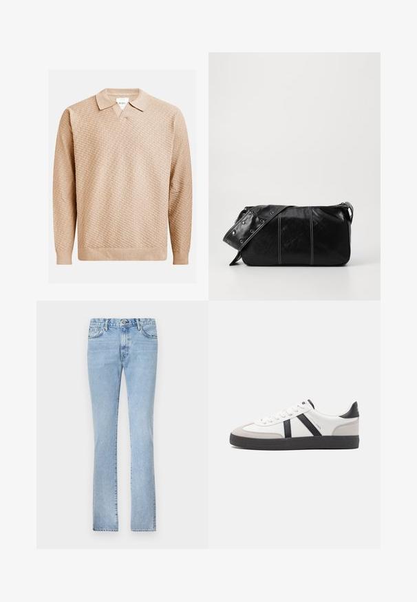 Béžový pletený sveter s textúrovaným vzorom, s klasickým golierom a rebrovanými manžetami. Vyrobený z jemného, ľahkého materiálu.; Svetlomodré denimové džínsy so strihom rovného jeho, s dizajnom na päť vreciek a zapínaním na gombík. Hladká textúra a rovnomerné bledenie na celom povrchu.; Biele tenisky s čiernymi a šedými akcentmi, s textúrovanou šedou špičkou, čiernou gumovou podrážkou a plochými bielymi šnúrkami. Čistý dizajn, minimalistický štýl.; Čierna kožená kabelka cez plece so zipsovým uzáverom, so štruktúrovaným telom, bielym prešívaním a popruhom so striebornými očkami.