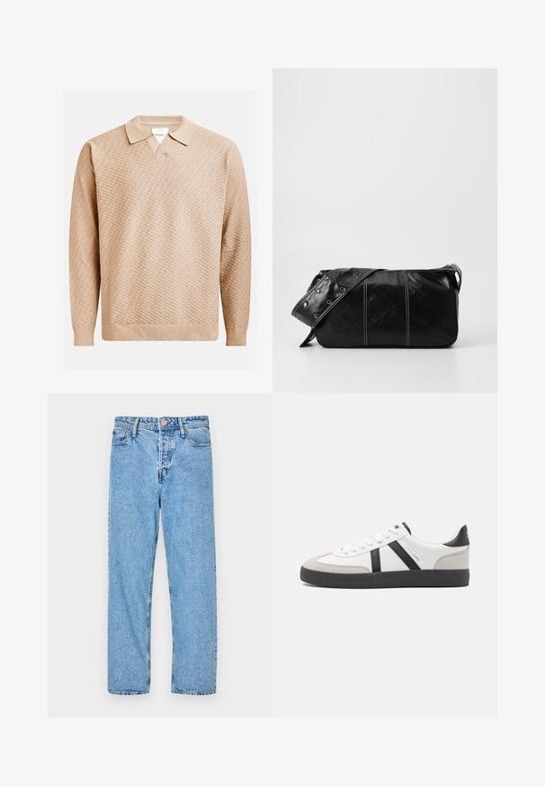 Béžový pletený svetr s texturovaným vzorem, který má klasický límec a žebrované manžety. Vyrobeno z měkkého, lehkého materiálu.; Světle modré džíny vyrobené z denimu, s rovnými nohavicemi, pěti kapsami, viditelným šitím a zapínáním na knoflík a zip.; Bílé tenisky s černými a šedými akcenty, opatřené texturovaným šedým prstovým krytem, černou gumovou podrážkou a plochými bílými tkaničkami. Čistý design, minimalistický styl.; Černá kožená kabelka přes rameno se zapínáním na zip, s texturovaným tělem, bílým prošíváním a popruhem se stříbrnými očky.
