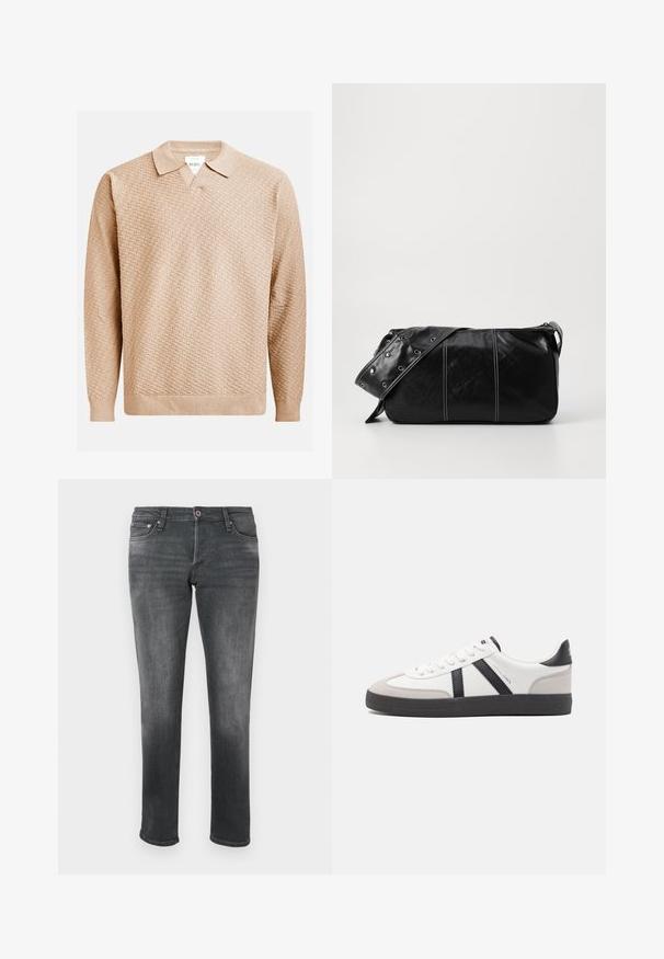 Beige strikket genser med et strukturert mønster, med klassisk krage og ribbestrikkede mansjetter. Laget av mykt, lett materiale.; Grå denimjeans med rett snitt, og finnes med knappelukking, fem lommer og subtile teksturvariasjoner.; Hvite sneakers med svarte og grå detaljer, med en teksturert grå tåhette, svart gummisåle, og flate hvite lisser. Rent design, minimalistisk stil.; Svart lær skulderveske med glidelås, med teksturert overflate, hvite sømmer og en stropp med sølvringer.