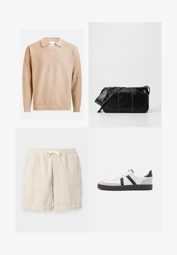 Suéter de punto beige con un patrón texturizado, que presenta un cuello clásico y puños acanalados. Confeccionado en un material suave y ligero.; Pantalones cortos de pana beige con cintura elástica y cordón, que cuentan con bolsillos laterales y un patrón texturizado de costillas.; Zapatilla blanca con acentos en negro y gris, que presenta una puntera texturizada en gris, suela de goma negra y cordones planos blancos. Diseño limpio, estilo minimalista.; Bolso de hombro de cuero negro con cierre de cremallera, que presenta un cuerpo texturizado, costuras blancas y una correa con ojales plateados.