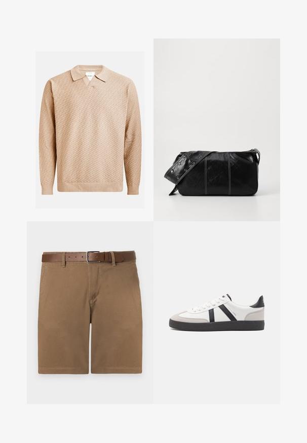 Beige knitted sweater with a textured pattern, featuring a classic collar and ribbed cuffs. Made from soft, lightweight material.; Brown cotton shorts with a textured surface, featuring a brown leather belt with a silver-toned buckle and classic straight cut.; White sneaker with black and gray accents, featuring a textured gray toe cap, black rubber sole, and flat white laces. Clean design, minimalist style.; Black leather shoulder bag with a zip closure, featuring a textured body, white stitching, and a strap with silver grommets.