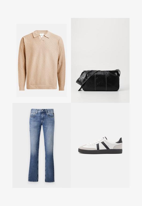 Suéter de punto beige con un patrón texturizado, que presenta un cuello clásico y puños acanalados. Confeccionado en un material suave y ligero.; Vaqueros de mezclilla azul claro con un diseño de pierna acampanada, que cuentan con cinco bolsillos, un cierre delantero de botón y un ligero desgaste en toda la prenda.; Zapatilla blanca con acentos en negro y gris, que presenta una puntera texturizada en gris, suela de goma negra y cordones planos blancos. Diseño limpio, estilo minimalista.; Bolso de hombro de cuero negro con cierre de cremallera, que presenta un cuerpo texturizado, costuras blancas y una correa con ojales plateados.