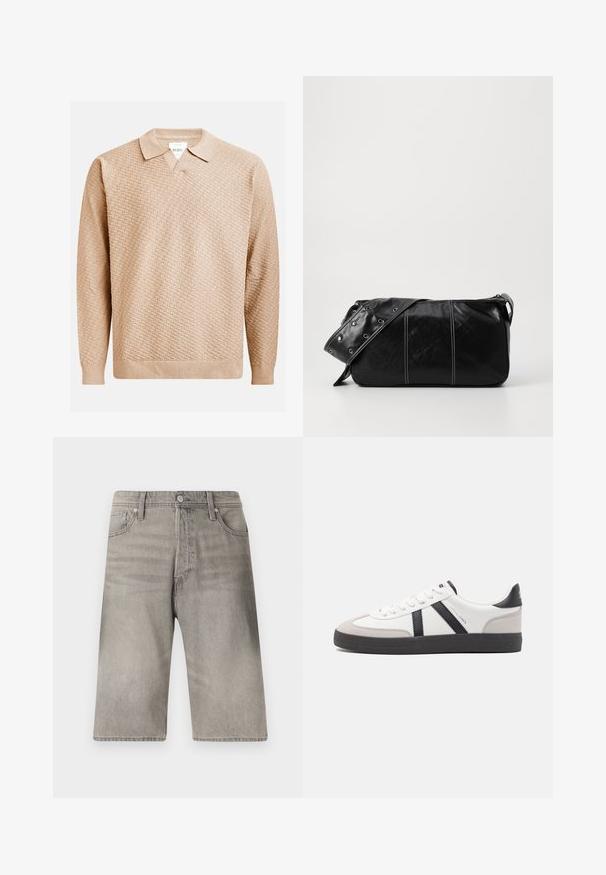 Pull en tricot beige avec un motif texturé, doté d'un col classique et de poignets côtelés. Fabriqué à partir d'un matériau doux et léger.; Shorts en denim gris avec une coupe droite, dotés d'un zip à boutons, de cinq poches et d'un léger délavage sur le tissu.; Baskets blanches avec des accents noirs et gris, présentant un embout texturé gris, une semelle en caoutchouc noir et des lacets plats blancs. Design épuré, style minimaliste.; Sac à épaule en cuir noir avec une fermeture éclair, doté d'un corps texturé, de coutures blanches et d'une sangle avec des œillets en argent.