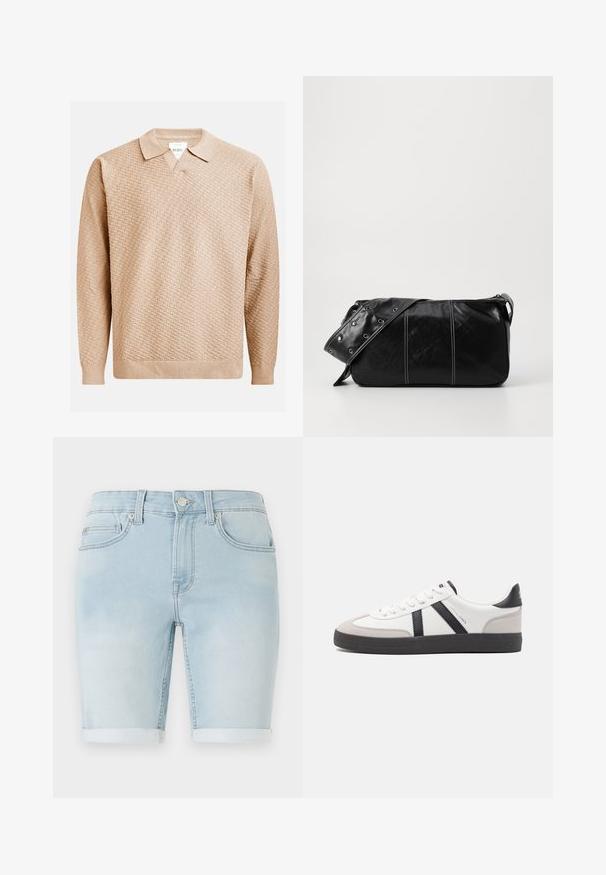 Béžový pletený sveter s textúrovaným vzorom, s klasickým golierom a rebrovanými manžetami. Vyrobený z jemného, ľahkého materiálu.; Svetlo modré denimové šortky s ohnutým okrajom, klasický dizajn s piatimi vreckami a predným zapínaním na gombík. Hladká textúra s jemným vyblednutím.; Biele tenisky s čiernymi a šedými akcentmi, s textúrovanou šedou špičkou, čiernou gumovou podrážkou a plochými bielymi šnúrkami. Čistý dizajn, minimalistický štýl.; Čierna kožená kabelka cez plece so zipsovým uzáverom, so štruktúrovaným telom, bielym prešívaním a popruhom so striebornými očkami.