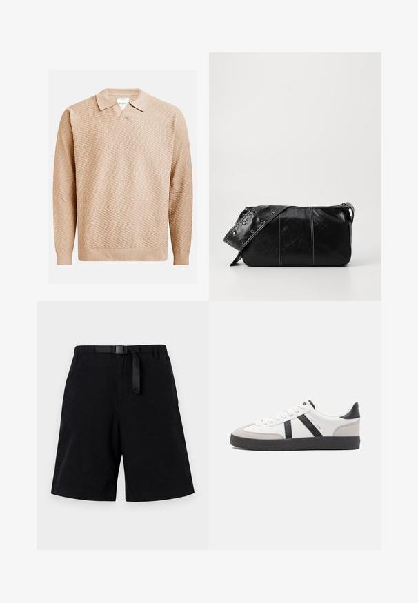Pulover tricotat bej cu un model texturat, având un guler clasic și manșete elasticizate. Fabricat dintr-un material moale și ușor.; Pantaloni scurți negri, dintr-un material neted, având o curea neagră și un singur buzunar frontal. Design drept, cu tiv terminat.; Sneaker alb cu accente negre și gri, având un capac de vârf gri texturat, talpă din cauciuc negru și șireturi plate albe. Design elegant, stil minimalist.; Geantă de umăr din piele neagră cu închidere cu fermoar, având un corp texturat, cusături albe și o curea cu ochiuri argintii.