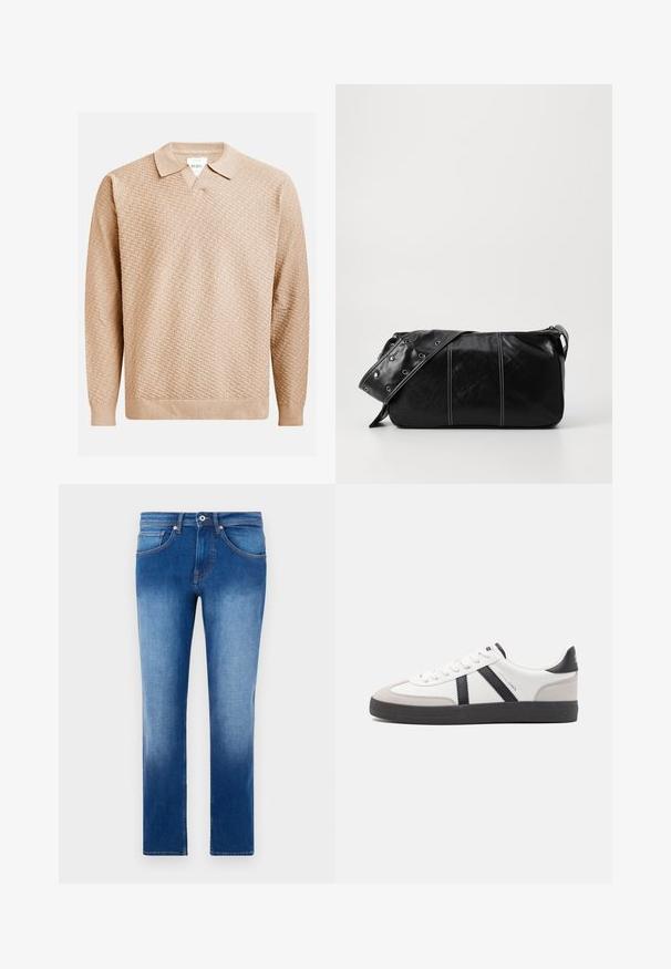 Šviesiai rudos megztos megztinio su tekstūruotu raštu, klasikine apykakle ir raukšlėtomis rankogaliais. Pagamintas iš minkštos, lengvos medžiagos.; Šviesiai mėlyni džinsai su laipsnišku išblukimu, tiesaus kirpimo dizainas, penkios kišenės ir kontrastinga oranžinė siūlų apdaila siūlėse. Klasikinė džinsinio audinio tekstūra.; Balti sportbačiai su juodais ir pilkais akcentais, pasižymintys tekstūruotu pilku pirštų dangteliu, juoda gumine padais ir plokščiomis baltomis raišteliais. Švarus dizainas, minimalistinis stilius.; Juodas odinis pečių krepšys su užtrauktuku, turintis tekstūruotą paviršių, baltą siuvinėjimą ir dirželį su sidabinėmis metalinėmis detalėmis.