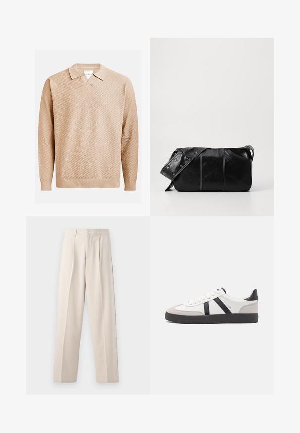 Beige knitted sweater with a textured pattern, featuring a classic collar and ribbed cuffs. Made from soft, lightweight material.; Beige wide-leg trousers made from a smooth fabric, featuring a front pleat, single button closure, and a clean hemline.; White sneaker with black and gray accents, featuring a textured gray toe cap, black rubber sole, and flat white laces. Clean design, minimalist style.; Black leather shoulder bag with a zip closure, featuring a textured body, white stitching, and a strap with silver grommets.