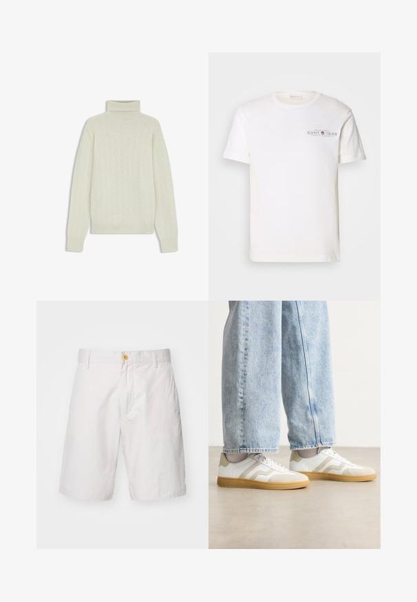 Maglione crema a collo alto con un motivo a spina di pesce testurizzato, polsini e orlo a costine, realizzato in un morbido tessuto a maglia e con una vestibilità rilassata.; T-shirt bianco in cotone con collo rotondo, maniche corte e logo stampato. Presenta un design minimalista e una vestibilità rilassata.; Pantaloni corti bianchi da uomo realizzati in tessuto leggero. Presentano una chiusura con bottone, due tasche laterali e una vestibilità comoda con taglio dritto.; Sneakers bianchi con dettagli in suede beige e suole in gomma leggera; presentano un design low-top e dettagli testurizzati sulla parte superiore.