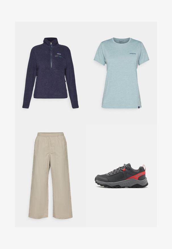 Námořnická modrá fleecová bunda s vysokým límcem, polovičním předním zipem, náprsní kapsou na zip a logem Patagonia na levé straně hrudi.; Světle modré tričko s krátkým rukávem vyrobené z měkké a prodyšné látky, s malým námořnickým logem na hrudi a klasickým kulatým výstřihem.; Široké kalhoty z lehké béžové tkaniny s elastickým páskem, hladkým povrchem a bez viditelného kovového zapínání nebo vzorů.; Šedé venkovní tenisky s pletivovým svrškem, červenými a akvamarínovými akcenty, kulatými tkaničkami, polstrovanou podrážkou a robustní černou gumovou podrážkou pro trakci.