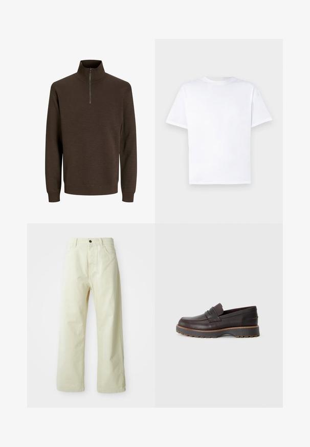 Dark brown pullover sweater with long sleeves and a quarter-zipper high collar, ribbed cuffs, and waistband.; White cotton t-shirt with a crew neck and short sleeves. Smooth texture, straight cut, no patterns or accents. Back view only.; Light yellow, wide-leg trousers made of denim, featuring a front button closure, five pockets, and straight, unembellished design.; Brown leather loafers with a low profile, featuring stitched detailing, a slightly elevated rubber sole, and a smooth finish.