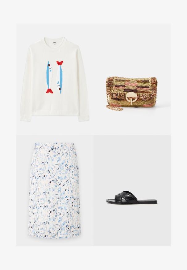 Biely sveter s rebrovaným golierom a manžetami má na sebe dve vyšité ryby v modrej a červenej farbe s čiernymi očami a usmievajícími sa ústami.; Sukňa s kvetinovým vzorom, ktorá má svetlé pozadie s modrými vírmi a tmavými akcentmi, vyrobená z priedušnej tkaniny, dĺžky po kolená.; Čierne šľapky s hladkým koženým povrchom, so strapcami v tvare kríža a vyrezávanými detailmi, a plochou, flexibilnou podrážkou.; Vanessa Bruno MOON - Taška cez plece - multico/jaune