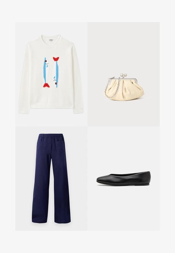 Hvid sweater med ribbet krave og manchetter har to broderede fisk i blå og rød med sorte øjne og smilende munde.; Mørkeblå vide bukser med struktureret overflade, elastisk talje og to baglommer. Fremstillet af let og åndbart stof.; Paul Smith TOPANGA - Ballerinasko - black; Plisseret beige læderclutch med en sølvmetalramme, der har to runde dekorative låse og en sølvkædetrasporte.