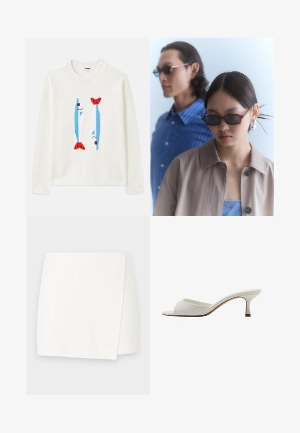 Biały sweter z prążkowanym kołnierzem i mankietami, zdobiony dwoma haftowanymi rybkami w niebieskim i czerwonym kolorze, z czarnymi oczami i uśmiechniętymi pyskami.; Biała spódnica o luźnym kroju, charakteryzująca się gładką teksturą i prostym wzornictwem z ukośnym rękawem. Bez widocznych wzorów ani elementów metalowych.; Białe, otwarte na palcach mule na wysokim obcasie o gładkim wykończeniu, minimalistycznym designie i smukłym obcasie, z subtelnym brązowym akcentem na podeszwie.; Brązowe prostokątne okulary przeciwsłoneczne z ciemnymi soczewkami. Jedna osoba ma na sobie beżową kurtkę z kołnierzykiem, a druga niebieską koszulę w paski.