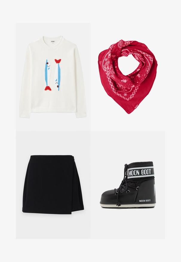 Baltas megztinis su raukšlėtu apykaklė ir rankogaliais, ant kurio siuvinėti du žuvys mėlynos ir raudonos spalvos, su juodomis akimis ir besišypsančiomis burnomis.; Juoda suvyniota sijonas, pasižymintis glotnia tekstūra ir laisvai krentančiu dizainu. Sijonas yra trumpas ir turi šoninį atidarymą, kad būtų lengviau judėti.; Juodas mėnulio botas su paminkštintu viršumi, užsegamas raišteliais ir išskirtine balta juosta su logotipu. Storas, tekstūruotas guminis padas.; Raudona medvilnės skara, dekoruota baltais paisley ir taškų raštais, trikampio formos su etikete apatiniame kampe.