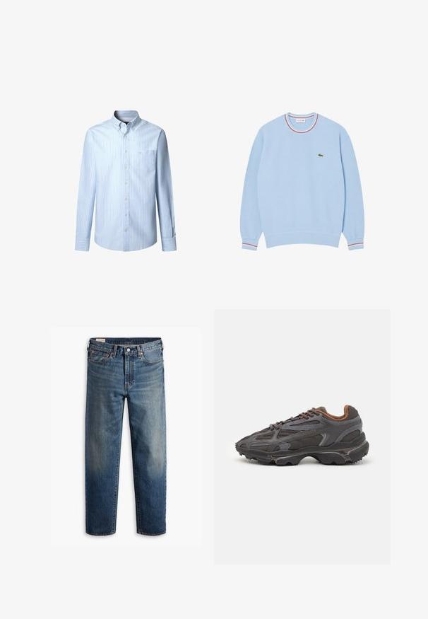 Felpa azzurra con collo rotondo, polsini a costine e colletto a righe multicolori. Presenta un piccolo logo verde sul petto.; Camicia a maniche lunghe di colore azzurro chiaro con sottili strisce bianche, colletto con bottoni, taschino frontale e chiusura con bottoni. Materiale in cotone liscio.; Jeans in denim blu scuro con vestibilità comoda, gambe dritte, design a cinque tasche e leggera scoloritura sulle cosce. Bottone e rivetti argentati.; Sneaker Lacoste grigie scure in materiale mesh e sintetico, con suola testurizzata e dettagli marroni sul colletto e sul branding.
