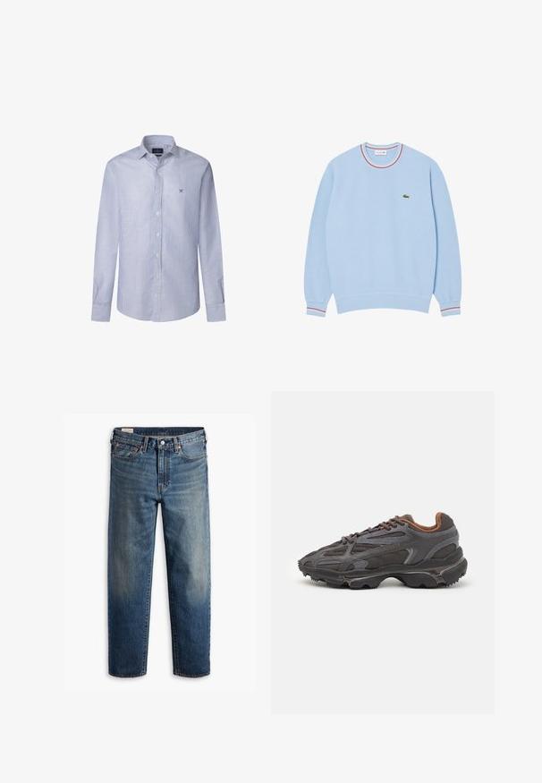 Lichtblauwe sweatshirt met een ronde hals, ribgebreide mouwen en een meerkleurige gestreepte kraag. Bevat een klein groen logo op de borst.; Gestreepte langemouwen shirt in lichtblauw en witte katoen, met een button-down kraag en een klein geborduurd logo op de borst.; Donkerblauwe spijkerbroek van denim met een losse pasvorm, rechte pijpen, vijf steekzakken en subtiele vervaging op de dijen. Zilveren knoop en klinknagels.; Lacoste sneakers in donkergrijs van mesh en synthetisch materiaal, met een gestructureerde zool en bruine accenten op de kraag en branding.
