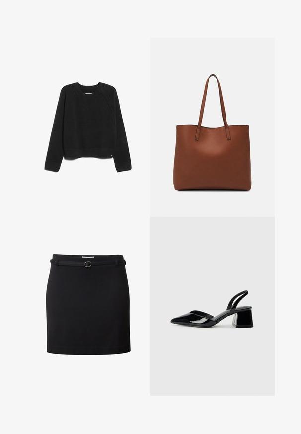 Schwarzer, kürzer geschnittener Pullover aus weichem Strickmaterial, mit Rundhalsausschnitt, Raglanärmeln sowie geripptem Saum und Bündchen.; Schwarzer Minirock aus strukturiertem Stoff, mit schlanker Silhouette, Gürtelschlaufen und einem dünnen Gürtel mit runder Schnalle.; Schwarze Lackleder-Slingback-High Heels mit spitzem Schuh und einem geometrischen Blockabsatz. Verfügt über ein schlankes, minimalistisches Design und eine glatte Textur.; Braune Leder-Tote mit glatter Textur, offenem Oberteil und zwei Schulterriemen. Verfügt über minimale Nähte und keine sichtbaren Beschläge.
