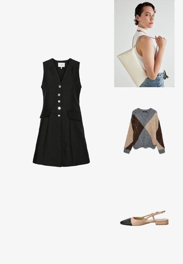 Pull en maille gris, beige et marron avec un motif en losange, un col rond large et une finition texturée. Présente des accents de couture blanche contrastante.; Robe noire sans manches avec un col en V, dotée de cinq boutons métalliques, de deux poches avant et d'un design de jupe évasée. Tissu texturé.; Chaussure à bride arrière bicolore beige et noire avec un bout pointu, un talon plat et un détail de sangle croisée. Texture en cuir lisse.; Pochette rectangulaire blanche en matériau brillant, avec une bandoulière en chaîne argentée. Le modèle pose en mettant en valeur le sac contre un fond uni.