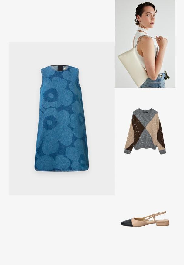 Szary, beżowy i brązowy sweter dzianinowy z wzorem diamentowym, szerokim okrągłym dekoltem i teksturowanym wykończeniem. Z elementami kontrastującego, białego przeszycia.; Sukienka denimowa bez rękawów w kwiatowy wzór w różnych odcieniach niebieskiego. Posiada okrągły dekolt i prosty krój.; Beżowo-czarny, dwukolorowy but na pasku z wąskim noskiem, płaskim obcasem i szczegółowym krzyżującym się paskiem. Gładka skórzana faktura.; Biała prostokątna kopertówka wykonana z błyszczącego materiału, z srebrnym łańcuszkiem. Modelka pozuje, prezentując torebkę na jednolitym tle.
