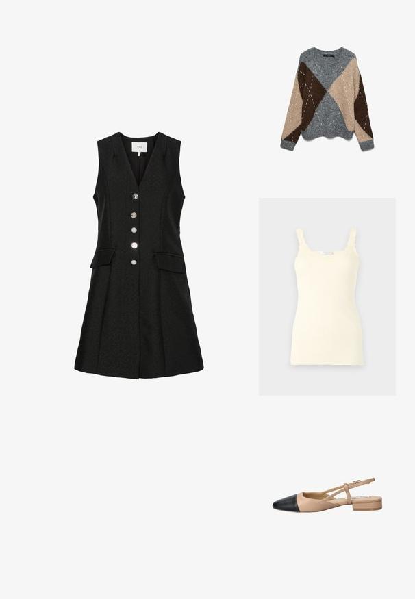 Suéter de malha cinza, bege e castanho com padrão de diamante, decote redondo largo e acabamento texturizado. Apresenta detalhes contrastantes de costura branca.; Camisola com nervuras em amarelo claro, apresentando alças ajustáveis com renda e um silhueta ajustada. Textura suave com um acabamento liso.; Vestido preto sem mangas com decote em V, apresentando cinco botões metálicos, dois bolsos frontais e um design de saia rodada. Tecido texturizado.; Sapato slingback bicolor em bege e preto, com bico apontado, salto baixo e detalhe de tira cruzada. Textura de couro suave.; Bolsa de mão retangular branca, feita de material brilhante, com uma alça em corrente prateada. Modelo posa, exibindo a bolsa contra um fundo simples.