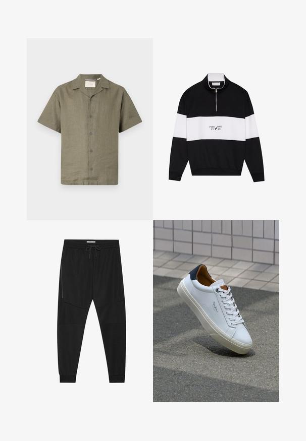 Pier One - Bluza; Koszulka z krótkim rękawem w oliwkowym lnianym kolorze, z kołnierzem typu camp i sześcioma dopasowanymi guzikami z przodu, cechująca się luźnym krojem i teksturowanym materiałem.; Czarne spodenki sportowe z teksturowanej tkaniny, z regulowanym paskiem w talii, zasuwaną kieszenią boczną oraz zwężanymi mankietami.; Białe skórzane trampki z granatowym piętkiem, okrągłym noskiem i kontrastowymi brązowymi akcentami. Posiadają płaskie sznurówki i teksturowaną gumową podeszwę.