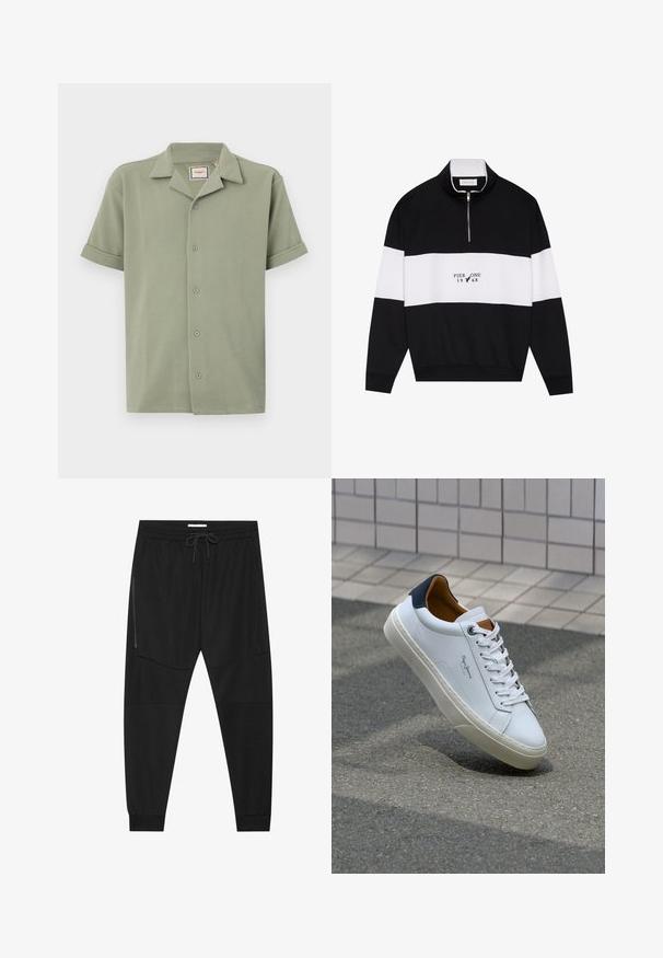 Pier One Camisola - jet black; Camisa de manga curta em verde claro, feita de tecido texturizado com colarinho em notched e fecho frontal com seis botões. As mangas enroladas proporcionam um ajuste descontraído.; Calças de treino pretas feitas de tecido texturizado, com uma cintura ajustável, bolso lateral com fecho e punhos afunilados.; Sapatilha de couro branco com calcanhar azul marinho, bico redondo e detalhes em castanho contrastantes. Apresenta atacadores planos e sola de borracha texturizada.