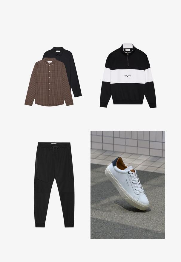 Pier One Sweatshirt - jet black; Two long-sleeve shirts: one brown checkered pattern with buttons and a black solid color. Both have button-down collars and cuffs.; Black athletic pants made of textured fabric, featuring an adjustable waistband, zippered side pocket, and tapered cuffs.; White leather sneaker with a navy heel, round toe, and contrasting brown accents. Features flat laces and textured rubber sole.