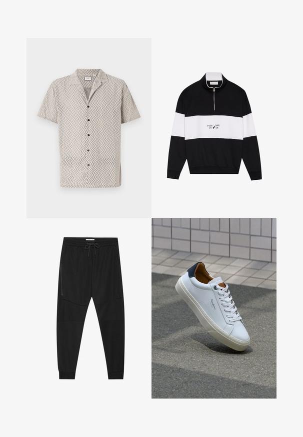 Pier One Camisola - jet black; Camisa de manga curta em bege com padrão em zig-zag; apresenta um colarinho, cinco botões pretos e um corte descontraído. Tecido texturado.; Calças de treino pretas feitas de tecido texturizado, com uma cintura ajustável, bolso lateral com fecho e punhos afunilados.; Sapatilha de couro branco com calcanhar azul marinho, bico redondo e detalhes em castanho contrastantes. Apresenta atacadores planos e sola de borracha texturizada.