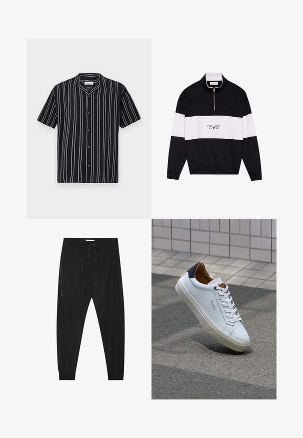 Pier One Sweatshirt - jet black; Kortärmad svart skjorta med vertikala vita ränder, knäppning fram och spridd krage. Tillverkad av lätt tyg med en slät textur.; Svarta träningsbyxor i texturerad tyg, med justerbart midjeband, ficka med dragkedja på sidan och avsmalnande muddar.; Vita lädersneakers med en marinblå häl, rund tå och kontrasterande bruna detaljer. Har plana snören och en texturerad gummisula.