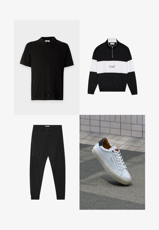 Pier One Sweater - jet black; Korte mouw zwarte gebreide shirt met een kraag, knoopsluiting aan de voorkant en een subtiel textuurpatroon. Klassiek ontwerp met een ontspannen pasvorm.; Zwarte sportbroeken van textuurstof, met een verstelbare tailleband, een ritssluiting opzij en tapered boorden.; Witte leren sneaker met een marineblauwe hiel, ronde neus en contrasterende bruin accent. Beschikt over platte veters en een gestructureerde rubberen zool.